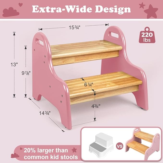 StrongTek Kids 2 Step Stool, Rubber Wood Step Children Stool, Safe & Sturdy, Ideal for Bathroom, Kitchen, Home Use, Durable, Non-Slip, Child Safety, Foot Stool, Toddler Step Stool, Easy to Clean