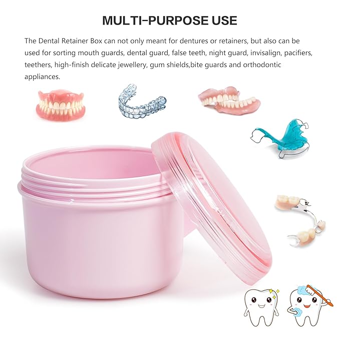 Denture Bath Case Cup Box Holder Storage Soak Container with Strainer Basket for Home or Travel Denture Cleaning (pink)