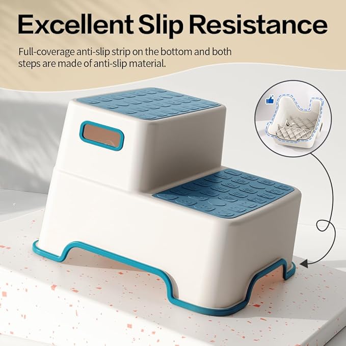 Toddler Step Stool for Bathroom Sink, 2 Pack Step Stool for Kids, Plastic Potty Training Toilet Stepping Stools, Child and Baby Lightweight&No-Slip Two Step Stools for Kitchen(Off-White/Blue)