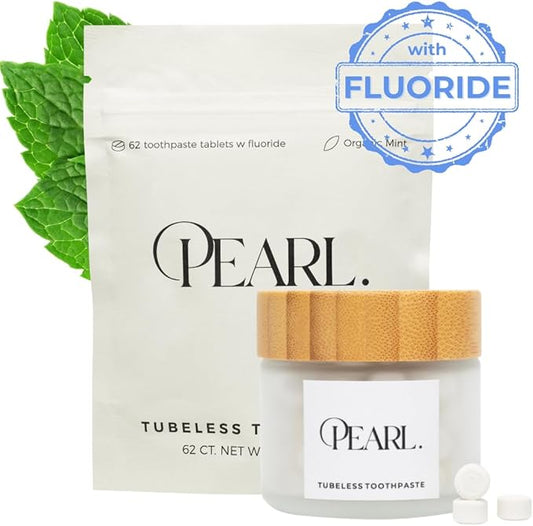 Starter Kit: The Pearl Jar & Fluoride Mint Toothpaste Tablets | Dentist Developed | Natural Whitening | TSA Approved | Reusable Packaging (Jar + 62 Tablets)