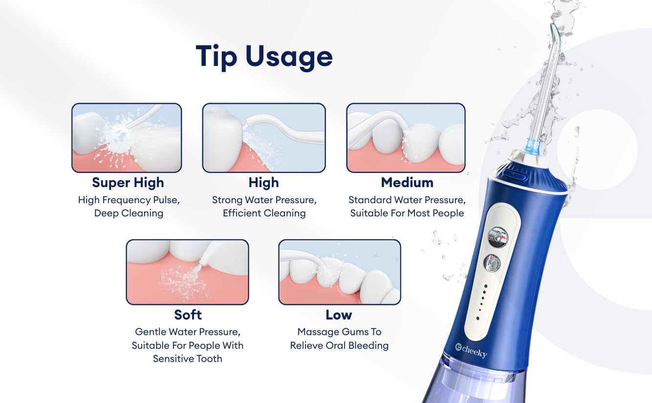 Cheeky Cordless Water Flosser with 5 Floss Heads, 5 Pressure Modes, and Rechargeable Battery, 300 mL Water Tank, Deep Tooth and Gum Cleaning