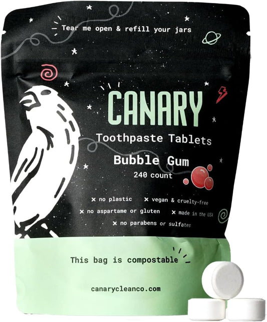 Canary Nano Hydroxyapatite Toothpaste Tablets Bubble Gum - Remineralizing, Fluoride Free, All Natural Tabs with Xylitol - Great for Kids, Plastic Free - 240 Count