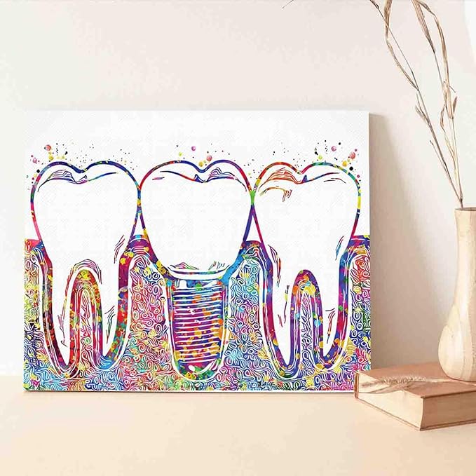 MBARE Watercolor Art,Dental Implant Art Watercolor Print Tooth Dental Clinic Decor Dentistry Student Science Dentist Gift Doctor~-12"X16" Canvas Print With Frame