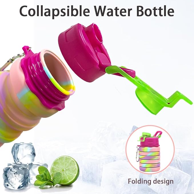 Silicone Collapsible Water Bottles, 16oz 500ml Portable Foldable Expandable Water Bottle Sports Cups, Leak Proof Reusable BPA Free, for Outdoor Activities Travel(2# Pink)