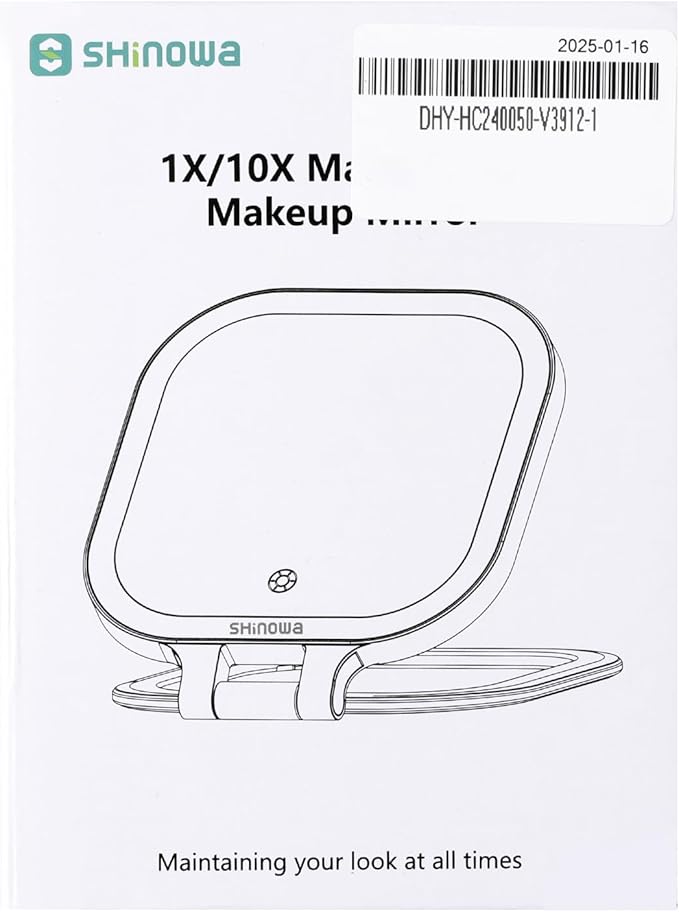 Shinowa Rechargeable Travel Makeup Mirror with 44 LED Lights, 1X/10X Magnifying Vanity Mirror with 3 Color Light, Folding Stand, 4 Inch Portable Dimmable Double Sided Compact Lighted Mirror, White