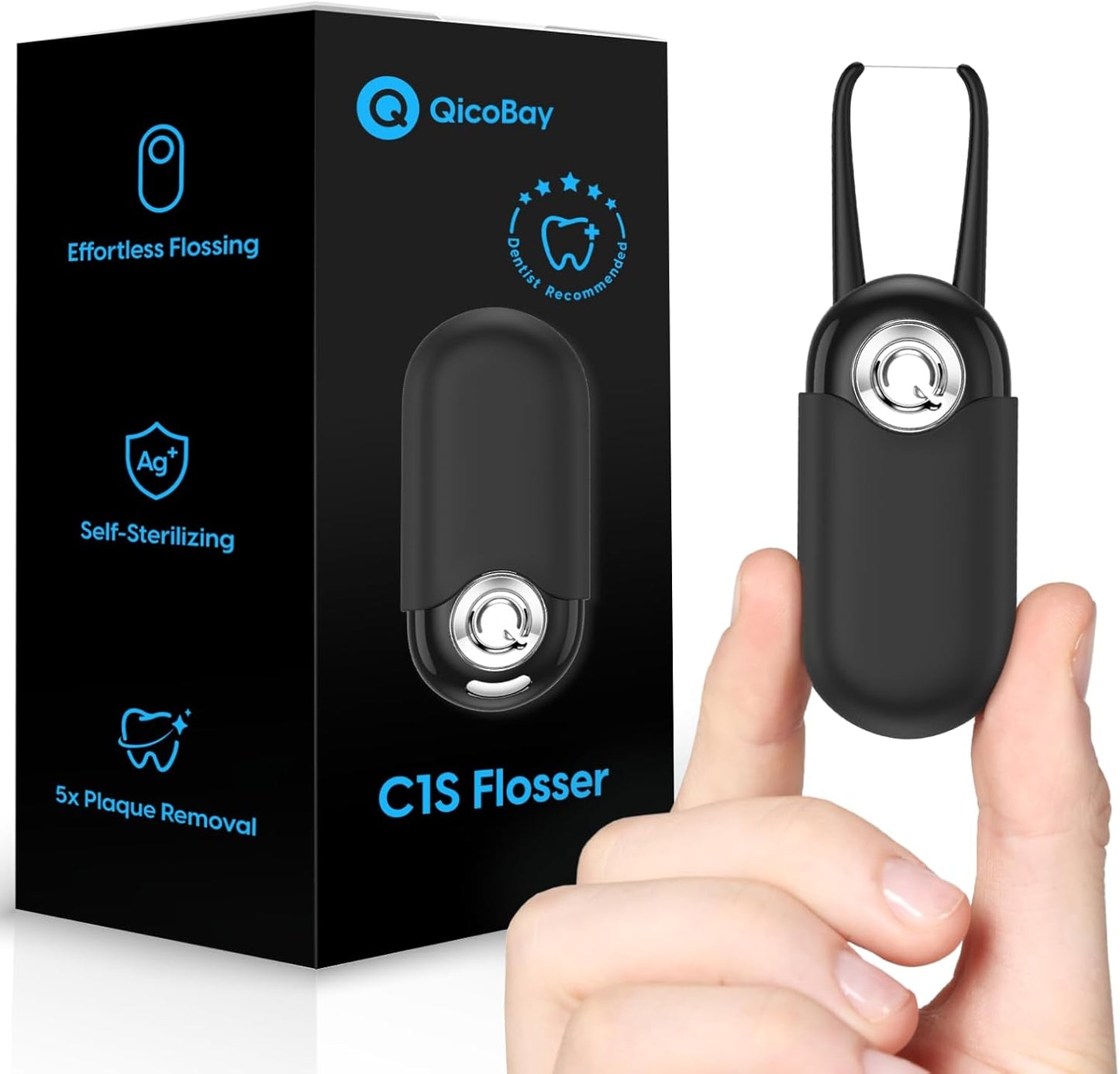 C1S Reusable Flosser Set, Auto-Restringing Flosser with Replaceable Floss Capsule, Multi-Hygiene, Portable Travel Floss, Recyclable Zero Waste, Super Mint (Abyss Black)