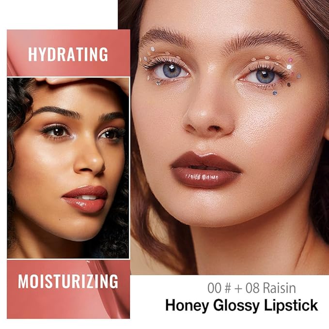 Kaely 2Pcs Honey Lipstick Tinted Lip Balm, Hydrating Shine Lipstick for Women Dry Lips, Moisturizing Nourishing Glossy Lip Gloss Stain Makeup, Sheer Lightweight, Vegan, 00+08 Raisin