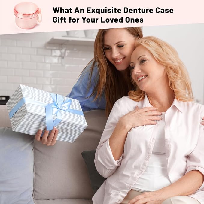 Leak Proof Travel Denture Bath Case for Full Dentures, Denture Cups for Soaking Dentures, Denture Container Cups with Brush for Dentures, Aligner, Retainers, Mouth Guard (Transparent Rouge)