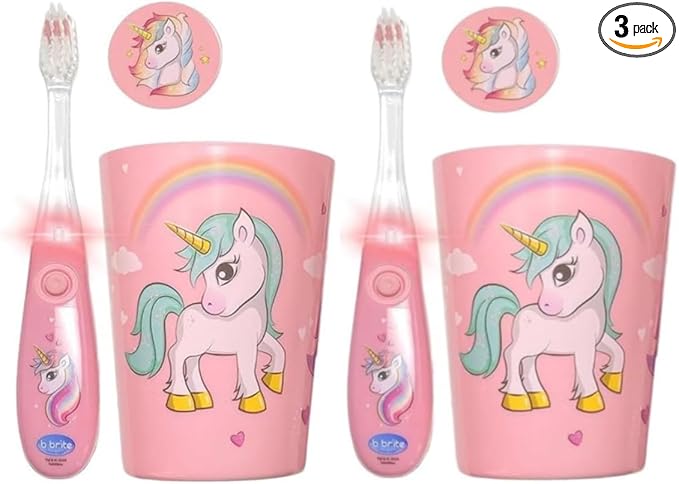 Lily's Home Kids Flashing Timer Toothbrush with Soft Bristles, Rising Cup & Cover - Fun 2-Min Light-Up Brushing for Children - Toddler Toothbrush Kit (Unicorn) - Set of 2
