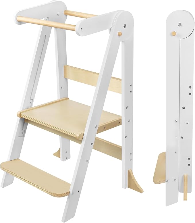 Foldable Toddler Kitchen Tower with Safety Rail, 3-Level Height Adjustable Montessori Kitchen Step Stool Helper, Standing Tower for Kids 2-6 Years, Toddler Helper Stool for Bathroom