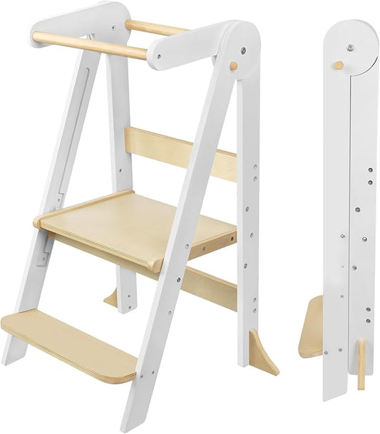 Foldable Toddler Kitchen Tower with Safety Rail, 3-Level Height Adjustable Montessori Kitchen Step Stool Helper, Standing Tower for Kids 2-6 Years, Toddler Helper Stool for Bathroom