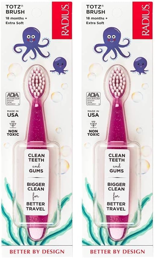 RADIUS Totz Toothbrush Extra Soft Brush BPA Free & ADA Accepted Designed for Delicate Teeth & Gums for Children 18 Months & Up - Pink Sparkle - Pack of 2