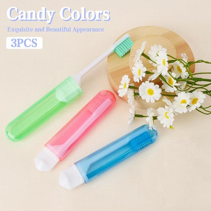 Travel Toothbrush 3Pcs Travel Toothbrush Set Mini Toothbrush Soft Portable Toothbrushes Travels with Tooth Brush Cover Small Folding Toothbrushes Individually Wrapped for Camping Green Blue Pink