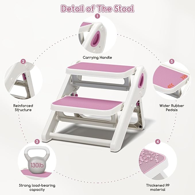 Foldable Toddler Step Stool for Bathroom Sink - 2-Step Kids Stool for Potty Training, Kitchen Counter & Bedroom, Sturdy Non-Slip Child Safety Stool Helper