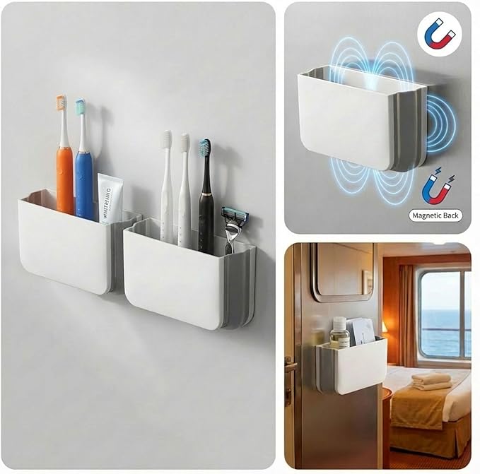 Cruise Magnetic Toothbrush Holder 2 Pack Cabin Walls, Foldable Toothbrush Organizer for Cruise Cabin Bathroom, Strong Magnet, No Drilling, Space-Saving Travel Essential