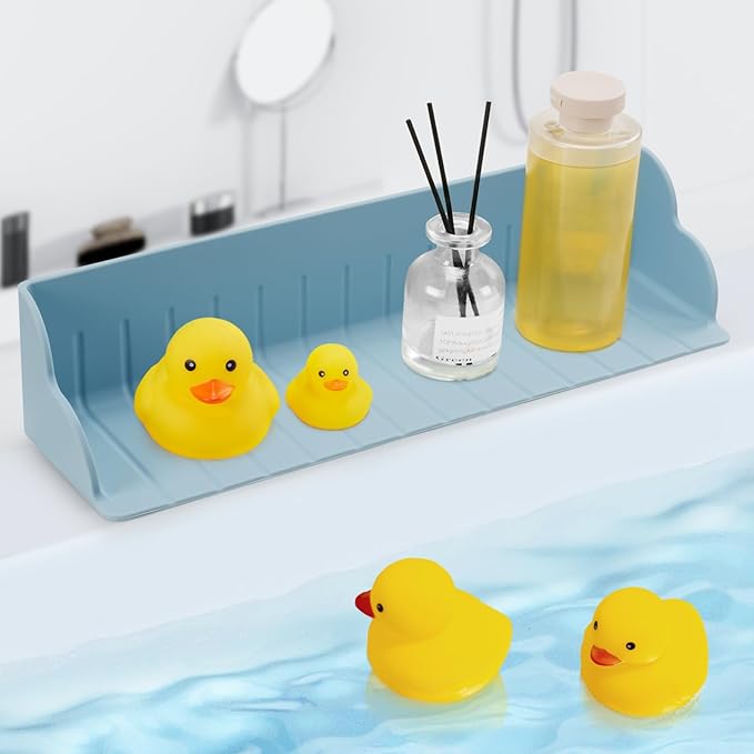 Bathtub Splash Guard, Silicone Bath Caddy Tray with 4 Suction Cups, Kids Toy Holder and Organizer Shelf for Toddler Tub Accessories (Blue)