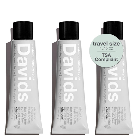 Davids Whitening Charcoal Travel Toothpaste, Antiplaque, Fluoride Free, Peppermint, 1.75 OZ, TSA Approved Travel Size (3 Pack)