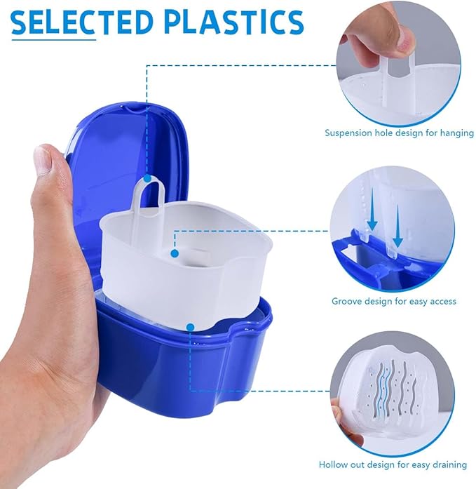 2 Pack Colors Denture Bath Case Cup Box Holder Storage Soak Container with Strainer Basket for Travel Cleaning (Light Blue and Blue)