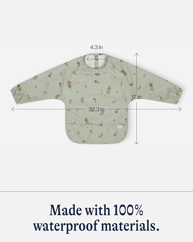 Lalo Smock Bib - Long Sleeve Bib for Infants and Toddlers - Elastic Cuffs, Large Catch-All Pocket, Waterproof Recycled Polyester - Easy to Clean for Mealtime and Art Time - Fruit Print Sage Infant
