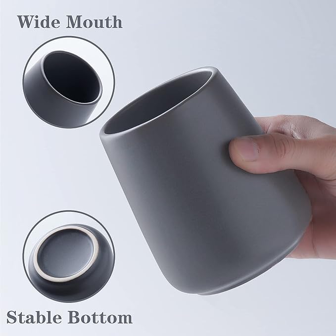 Matte Grey Toothbrush Holders for Bathroom - 2Pcs Ceramic Tooth Brushing Holder Set, Toothpaste Holder, Reusable Toothbrush Mouthwash Cups, Space-Saving Design for Bathroom Countertop
