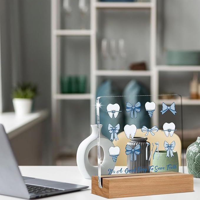 Dental Hygienist Gifts, Dentist Gift for Women, Dental Assistant Accessories Acrylic Plaque Gifts, Blue Bow Coquette Dentist Office Desk Decor