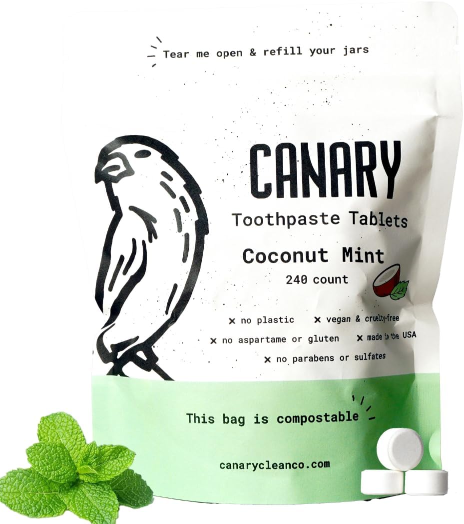 Canary Nano Hydroxyapatite Toothpaste Tablets Coconut Mint - Remineralizing, Fluoride Free, All Natural Tabs with Xylitol - Great for Travel, Plastic Free - 240 Count