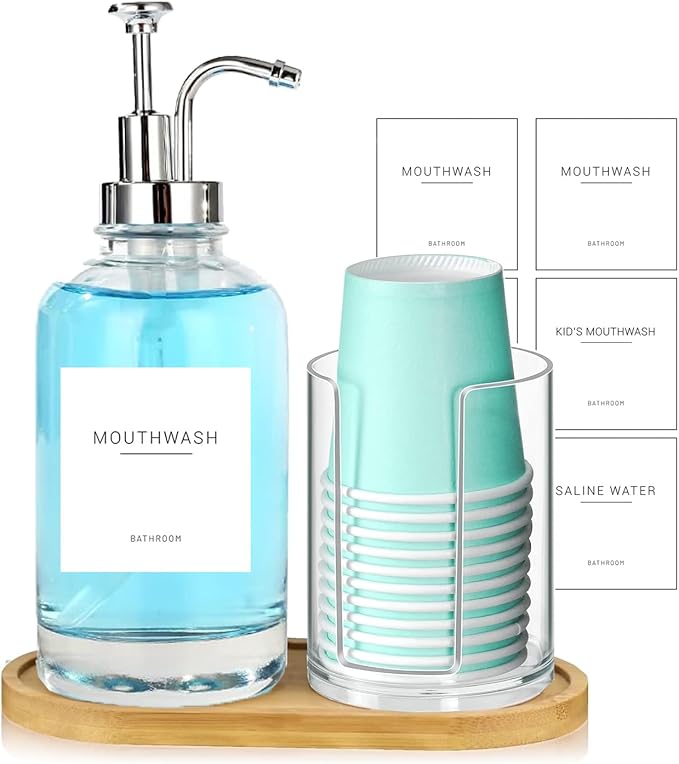 17OZ Mouthwash Clear Glass Pump Dispenser with Disposable Mouthwash Cups Holder Refillable Clear Container with Bamboo Tray, Mouthwash Labels