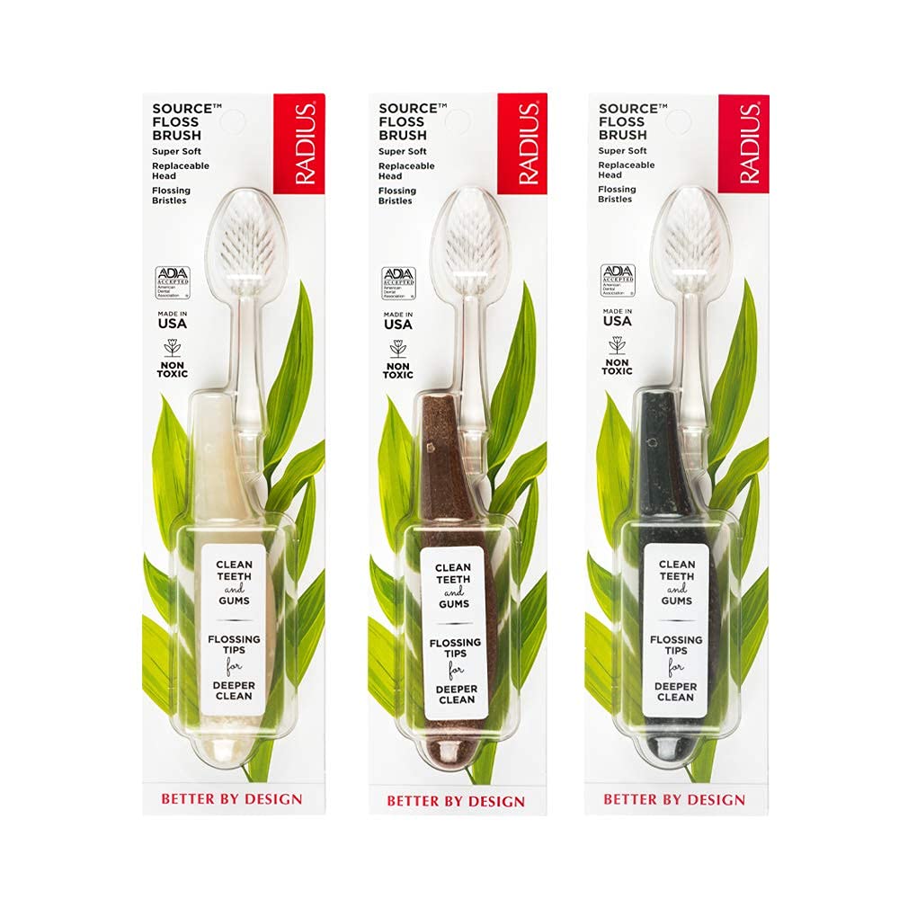 RADIUS Toothbrush Source Floss Brush BPA Free & ADA Accepted Improve Gum Health & Reduce Gum Issues - Super Soft - Cornstarch/Wood/Money - Pack of 3