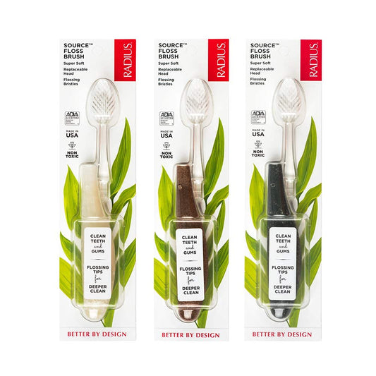 RADIUS Toothbrush Source Floss Brush BPA Free & ADA Accepted Improve Gum Health & Reduce Gum Issues - Super Soft - Cornstarch/Wood/Money - Pack of 3