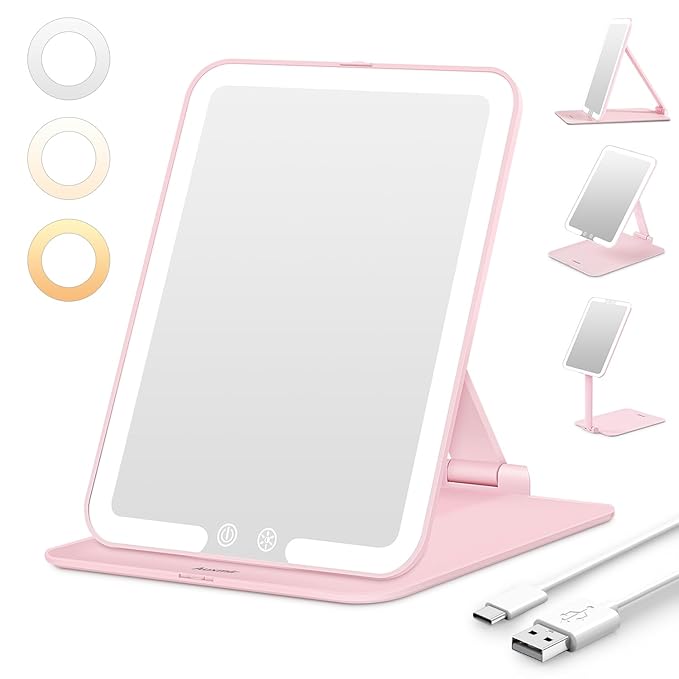 Auxmir Travel Makeup Mirror with 3 Dimmable Color Lights, Portable Foldable LED Lighted Travel Makeup Mirror, Rechargeable Compact Vanity Mirror with Light, Adjustable Height and Angle for Desk, Pink