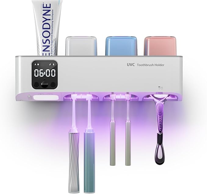 Toothbrush Holders Wall Mounted for Bathrooms, Toothbrush Holder - Smart Home & Bathroom Decor Tooth Brush Holders with 3 Cups, Features a Clock and auto Motion-Activated Night Light