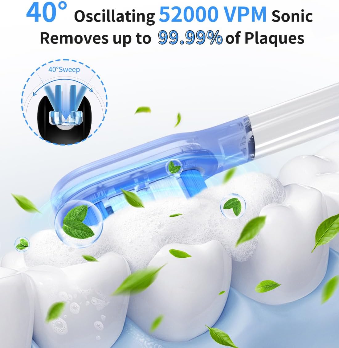Electric Toothbrush with AI Smart Display, 4 Modes with Missed Spot Detection, Pressure Sensor, 2 Mins Timer, 40° Oscillating 52000 VPM Sonic Toothbrush with Travel Case, 2 Brush Heads, IPX7