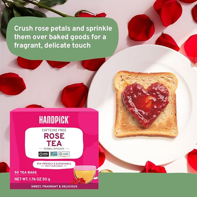 HANDPICK, Rose Buds Herbal Tea Bags - 50 Count | Caffeine Free Rose Tea with Chamomile & Tulsi | Floral & Smooth | Round Eco-conscious Tea Bags