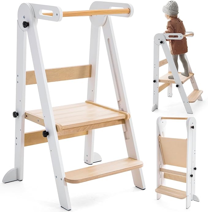 Foldable Toddler Kitchen Stool Helper - Adjustable Height Toddler Standing Tower, Kids Helper Stool with Safty Rail for Kitchen Counter Bathroom (White)