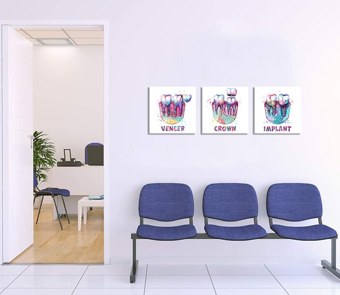 KLVOS Medical Wall Art Print Abstract Colorful Tooth Picture Dental Treatment Teeth Medical Canvas Prints Art Decor Great Gift for Dental Clinic Hospital Chemist Stretched Ready to Hang 12"x12"x3pcs