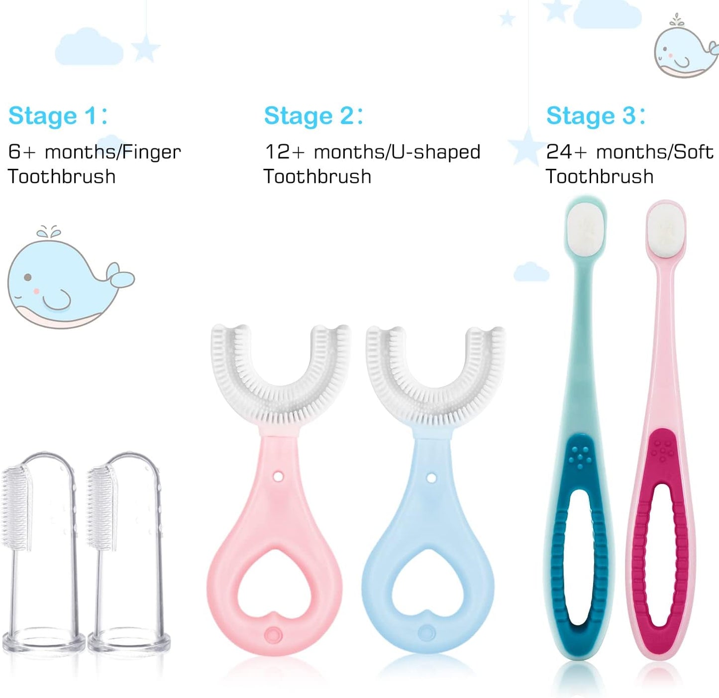 6 in 1 Baby Training Toothbrush Set - Infant to Toddler Toothbrush Oral Care Toothbrush - Food Grade Silicone,Extra Soft Bristles,Perfect for 6+,12+,24+ Months