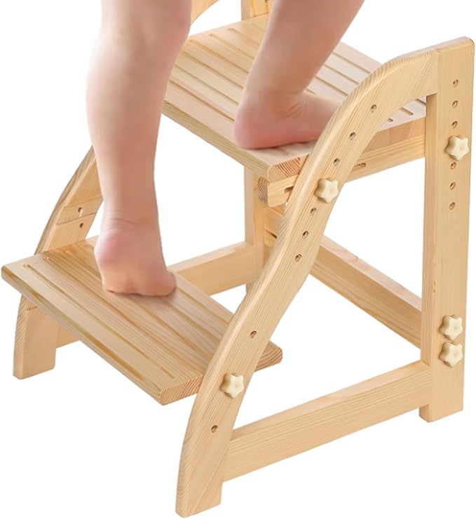 Wooden Step Stool for Kids, Adjustable Toddlers Two Step Stool Wood for Bathroom Kitchen, Non-Slip Beside Stepping Stool with 200 lbs Capacity (Natural Pine)