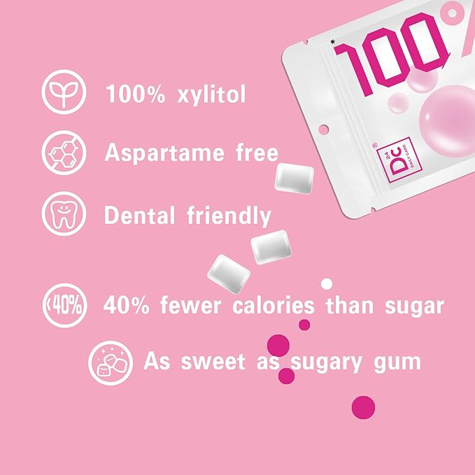 DC24 DAILY CARE 100% Xylitol Gum | Aspartame Free Chewing Gum | Natural Bubblegum Flavored Sugar Free Gum, 20 Pieces, Pack of 5