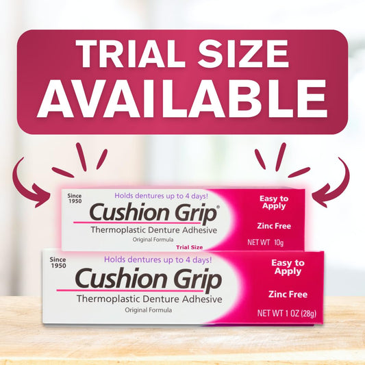 Cushion Grip Thermoplastic Denture Adhesive, 0.35 oz Travel Size (Pack of 3) – Refits and Tightens Loose Dentures for Up to 4 Days | Non-Glue, Zinc-Free, Waterproof Formula, Acts Like a Soft Reliner