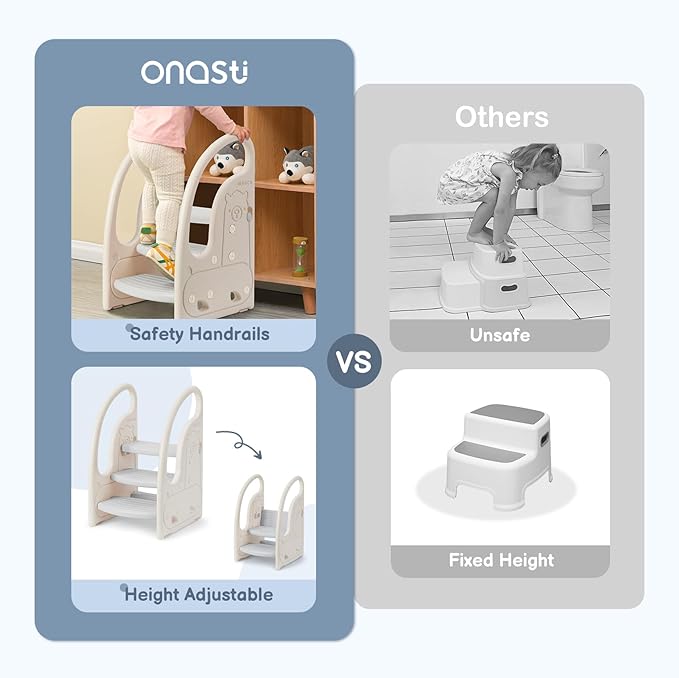 Toddler 3 Step Stool Onasti Kids Standing Tower for Toddlers Plastic Learning Helper Stool for Kitchen Counter Bathroom Sink Toilet Potty Training with Handles and Non-Slip Pads-Grey White