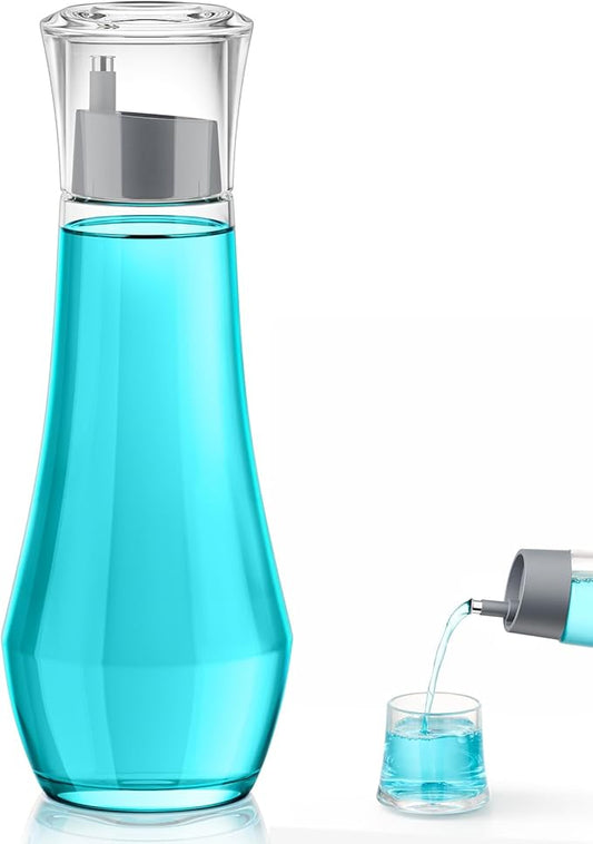 VITVITI Glass Mouthwash Dispenser for Bathroom, 8.8OZ Mouth Wash Container Bottle with Lid Cup, Small Clear Refillable Mouthwash Dispenser Decanter for Countertop, Gray