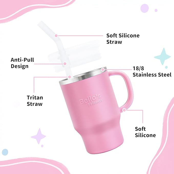 Bella's Friends Handy Mini Tumbler – Adorable 9 oz Toddler Sippy Cup, Stainless Interior & Silicone Body, Leak‑Proof, Dishwasher Safe, Gift for 1-3 Years Old Girls & Boys, 2 Pack, Lilac & Peony