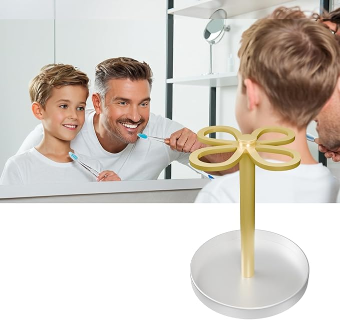 Metal Toothbrush Holders for Bathroom with 4 Slot Gold and White Tooth Brush Holder Stand and Non-Slip Base， Countertop Organizer for Family and Hotel，Compact Design