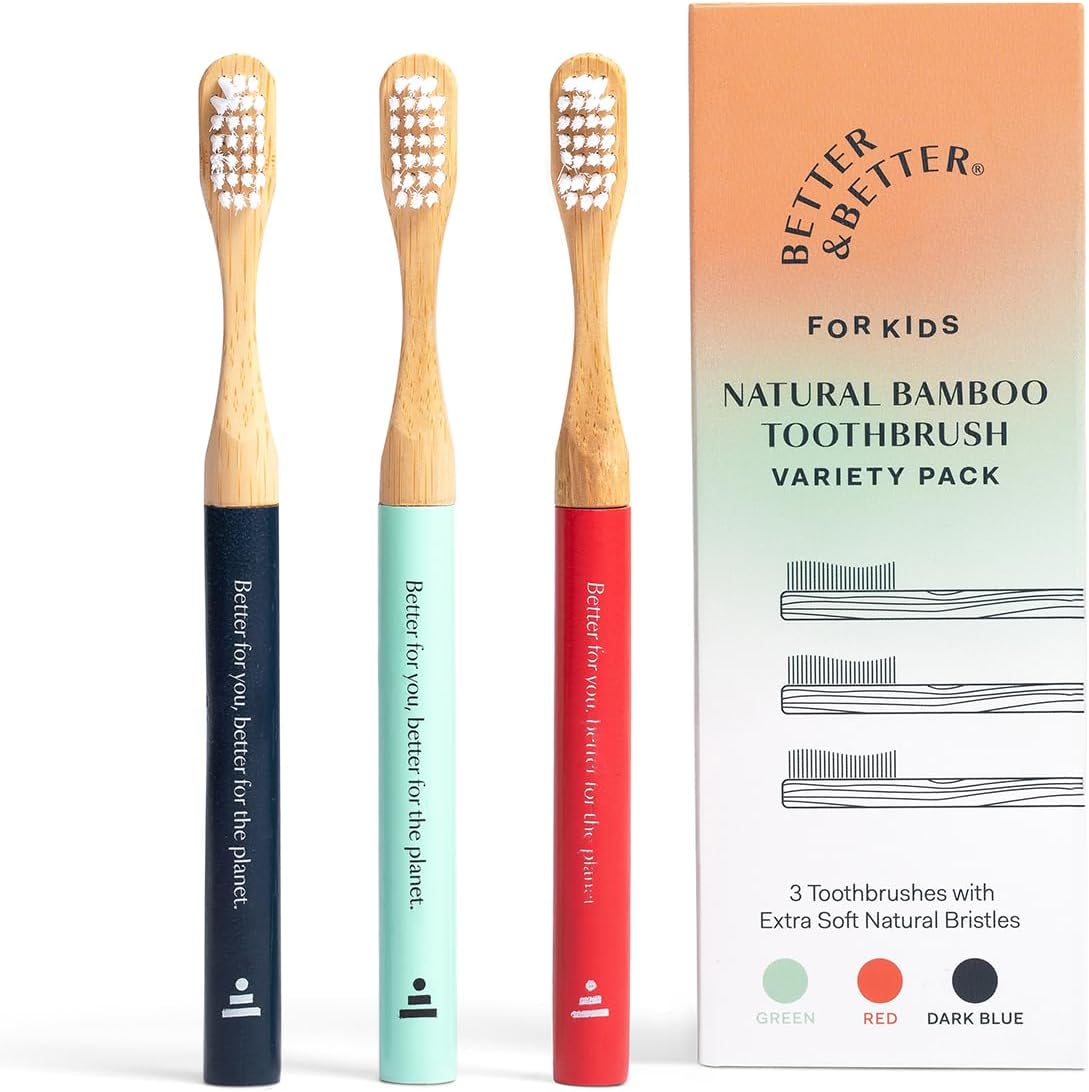 Better & Better Natural Bamboo Toothbrush for Kids | Extra Soft Bristle Toothbrush | 100% Plant-Based | Reusable Handle, Replaceable Brush Head | Eco-Friendly, Zero Plastic (Variety Pack of 3)