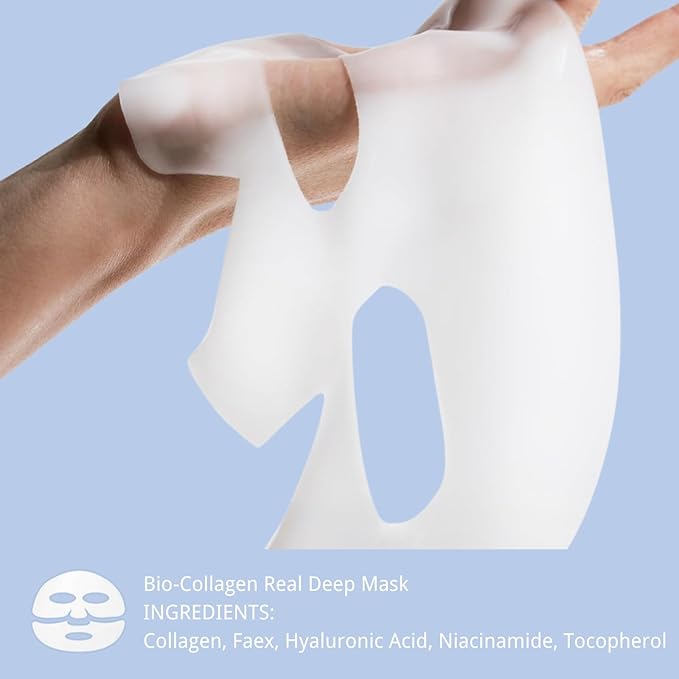 Bio-Collagen Real Deep Mask, Overnight Hydrating Mask, Pore Minimizing, Firming, Yeast Extract, Low Molecular Hyaluronic Acid Solution, Low Molecular Collagen, 28g, 4ea (With nasolabial fold patches)