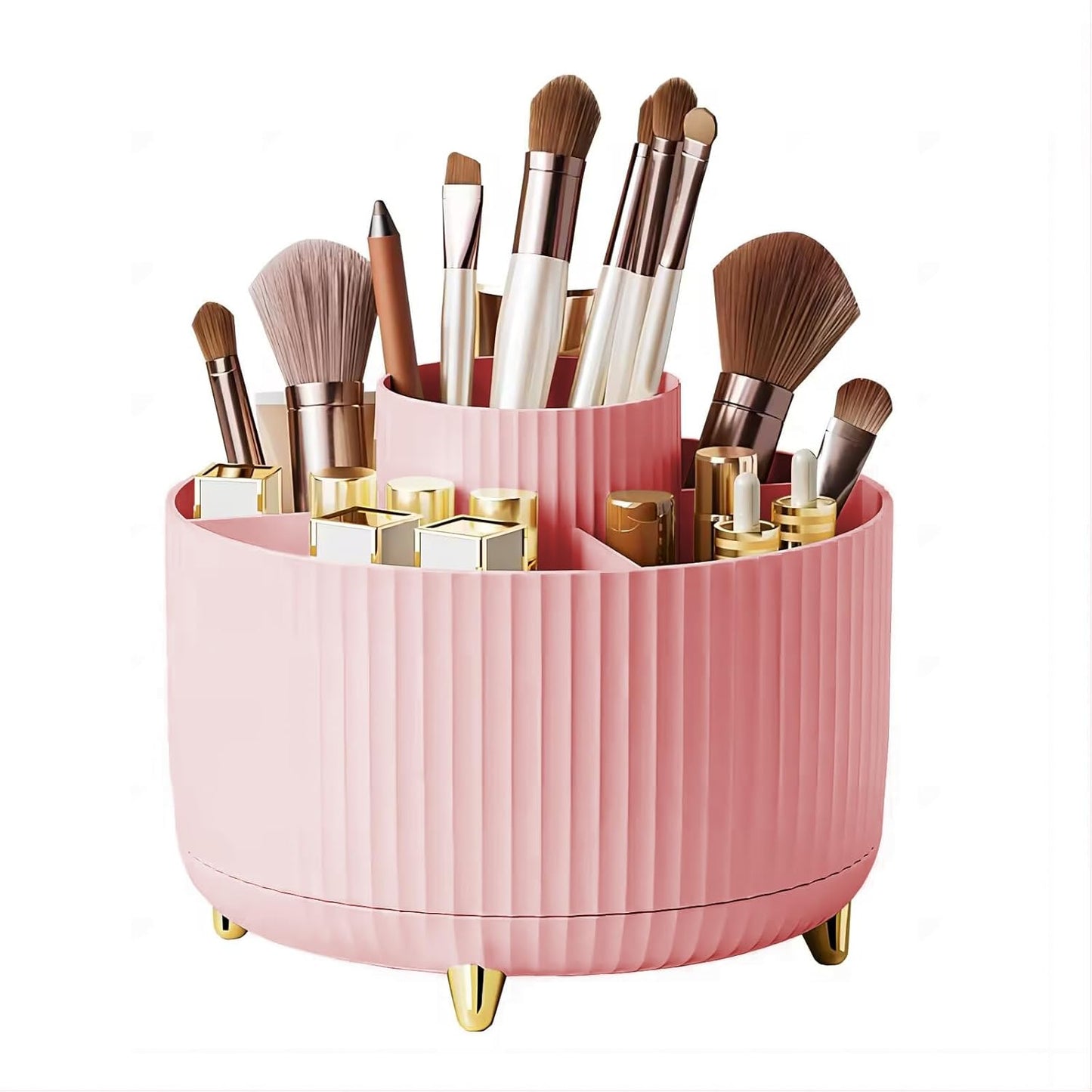 DASITON Large Capacity Makeup Brush Holder,360° Rotating Makeup Organizer,5 Slot Makeup Brushes Cup,for Vanity Decor,Bathroom Countertops,Desk Storage Container,Cosmetic Display cases(Pink)