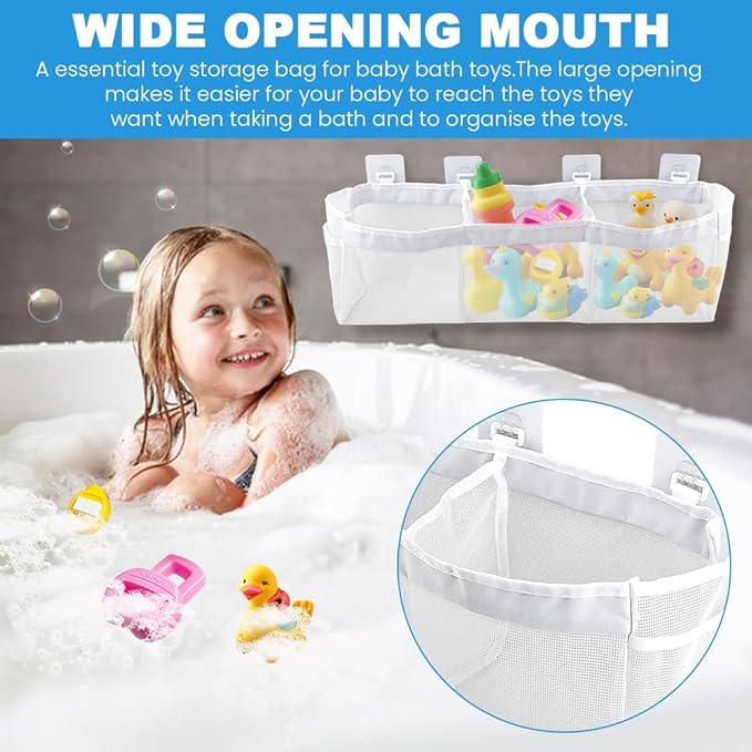 JIANWEI Bath Toy Organizer, 3 Compartment Bathtub Toy Storage Bag, Quick Access Bath Toy Holder with 4 Hooks, Mesh Shower Caddy Practical Supplies for Toy Organizer and Sorting(White)