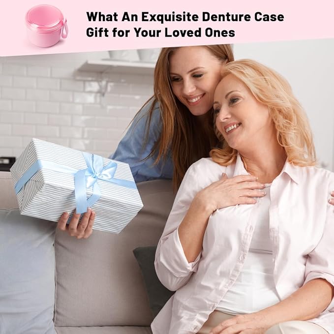 Leak Proof Travel Denture Bath Case for Full Dentures, Denture Cups for Soaking Dentures, Denture Container Cups with Brush for Dentures, Aligner, Retainers, Mouth Guard (Pink)