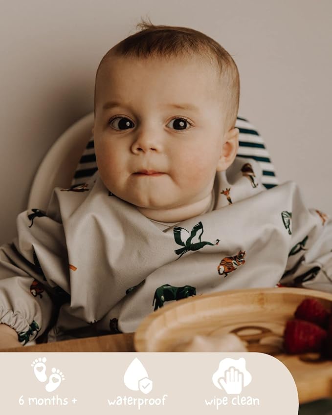 Bubba Bear Baby Bib with Sleeves, Long Sleeve Toddler Feeding Apron Bibs for Eating & Lead Weaning, Mess Proof Full Sleeved