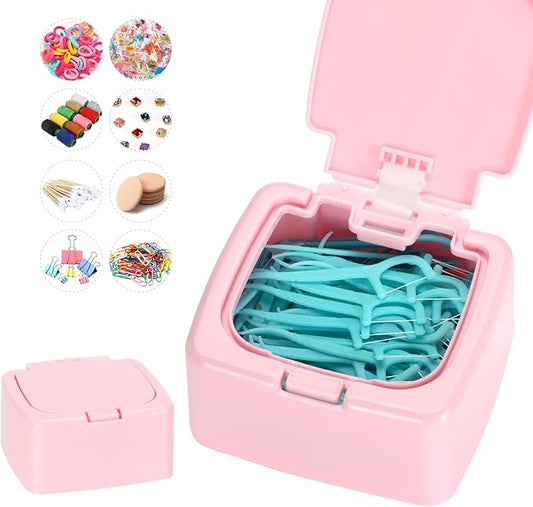JGB Floss Pick Holder Container With One-Touch Opening, Quick Refill For Qtip, Cotton Swabs, Balls, Pads - Reusable Small Square Dispenser Box For Home, Hotel, Office Organizers and Storage - Pink
